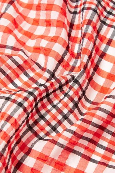 Shop Ganni Charron Checked Cotton-blend Seersucker Wrap Skirt In Tomato Red