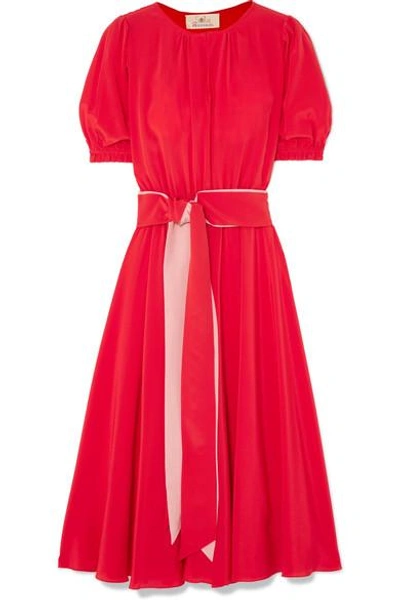 Shop Aross Girl X Soler Brooke Belted Silk Crepe De Chine Midi Dress In Red