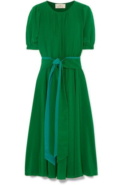 Shop Aross Girl X Soler Brooke Belted Silk Crepe De Chine Midi Dress In Green