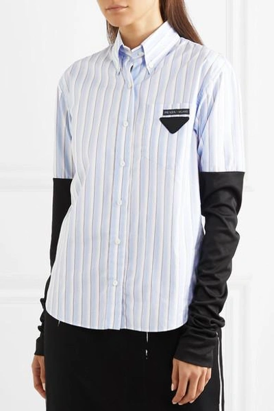 Shop Prada Jersey-trimmed Striped Cotton-poplin Shirt In Blue
