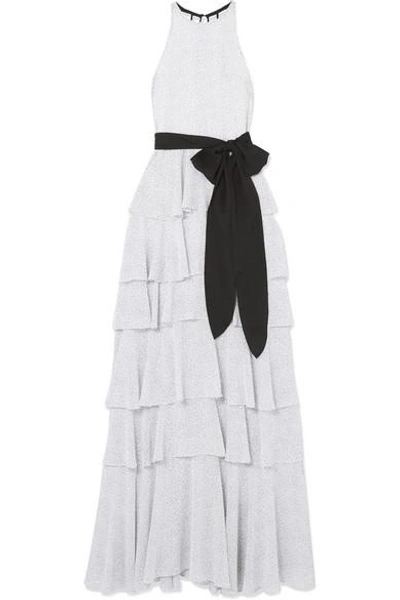 Shop Halston Heritage Tiered Polka-dot Chiffon Gown In White