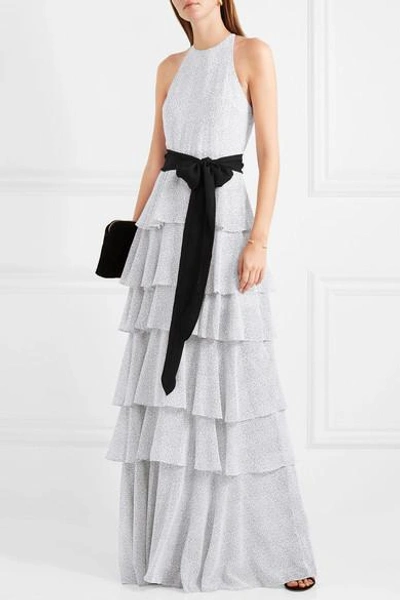 Shop Halston Heritage Tiered Polka-dot Chiffon Gown In White
