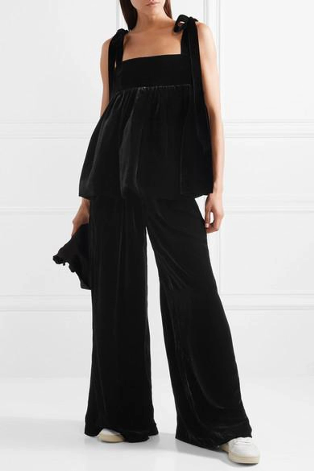 Cecilie Bahnsen Sara Ruffled Velvet Wide-leg Pants In Black | ModeSens 