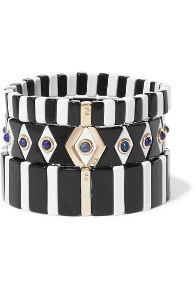 Shop Roxanne Assoulin Bistro Set Of Three Enamel And Lapis Bracelets In Black