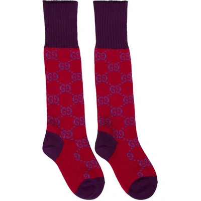 Shop Gucci Red And Purple Gg Supreme Long Socks In 6570 Red