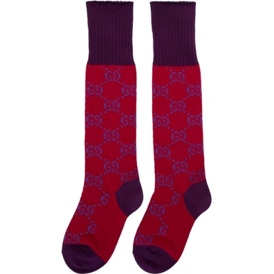 Shop Gucci Red And Purple Gg Supreme Long Socks In 6570 Red