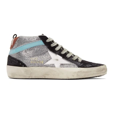 Shop Golden Goose Navy Suede Glitter Mid Star Sneakers In Disco Glitt