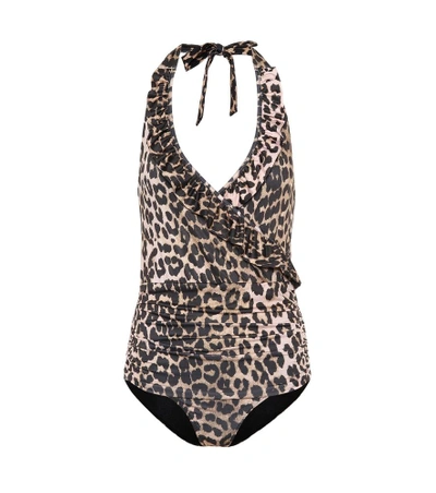 Shop Ganni Leopard-printed Swimsuit In Multicoloured