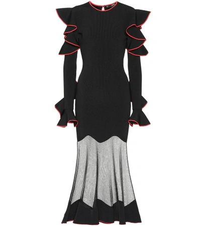 Shop Alexander Mcqueen Ruffled Sheer-panel Dress In Black