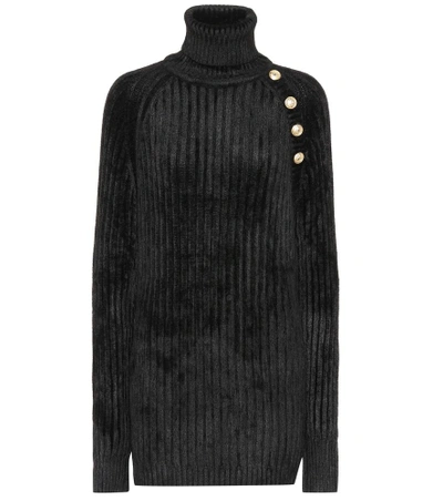 Shop Balmain Chenille Turtleneck Sweater In Black