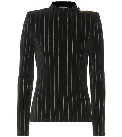 Shop Balmain Striped Velvet Top In Black