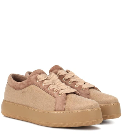 Shop Max Mara Suede-trimmed Cashmere Sneakers In Brown