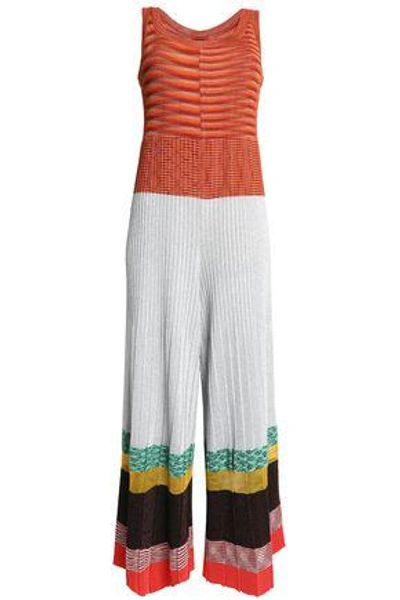 Shop Missoni Metallic Color-block Crochet-knit Jumpsuit In Light Gray