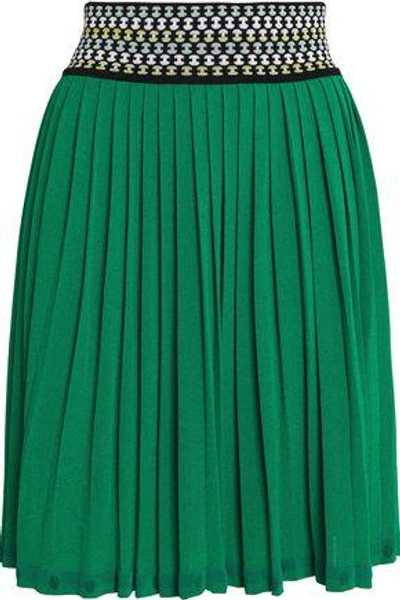 Shop Missoni Pleated Stretch-knit Mini Skirt In Green