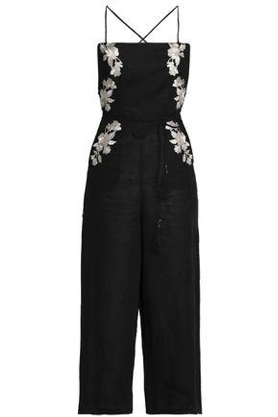 Shop Zimmermann Open-back Metallic Embroidered Linen Wide-leg Jumpsuit In Black