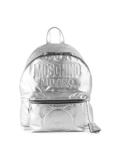 Shop Moschino Embossed Teddy Bear Logo Backpack In Silver Multi
