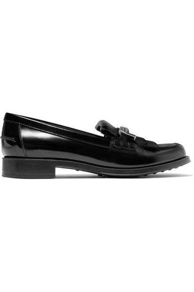 Shop Tod's Fringed Embellished Glossed-leather Loafers In Black