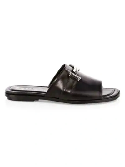 Shop Tod's Double T Leather Slides In Black