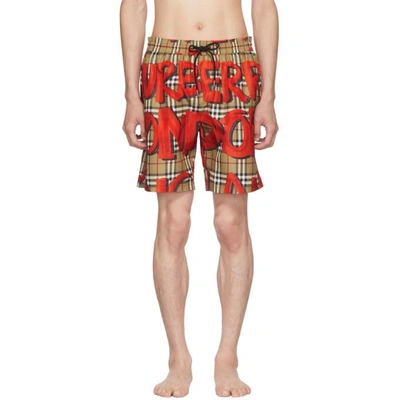 Burberry Graffiti Print Vintage Check Drawcord Swim Shorts In Red | ModeSens