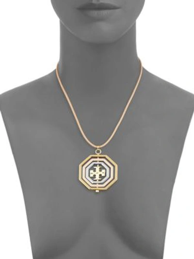 Shop Tory Burch Logo Spinner Pendant Necklace In Multi