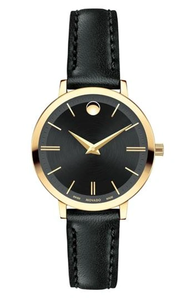 Shop Movado Ultra Slim Leather Strap Watch, 28mm In Black/ Gold
