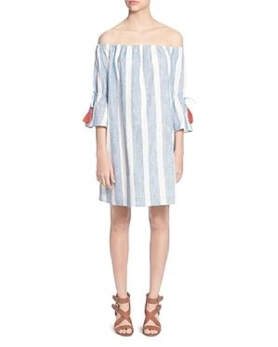 Shop Catherine Catherine Malandrino Randee Striped Off-the-shoulder Dress In Blue/white