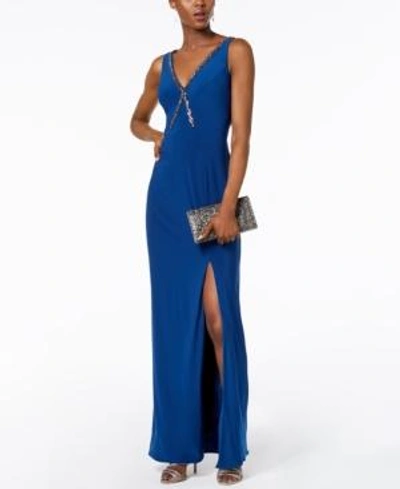 Shop Adrianna Papell Beaded V-neck Gown In Night Blue