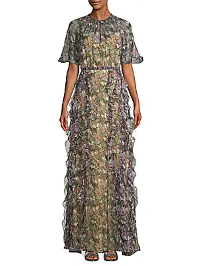 Shop Valentino Short-sleeve Graphic Silk Maxi Dress In Multi