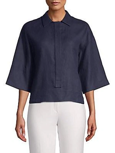 Shop Valentino Quarter-sleeve Linen Top In Indaco