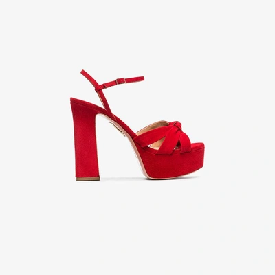 Shop Aquazzura Red Baba Plateau 125 Suede Platform Sandals