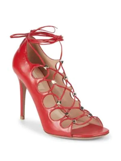 Shop Valentino Studded Leather Strappy Sandals In Red