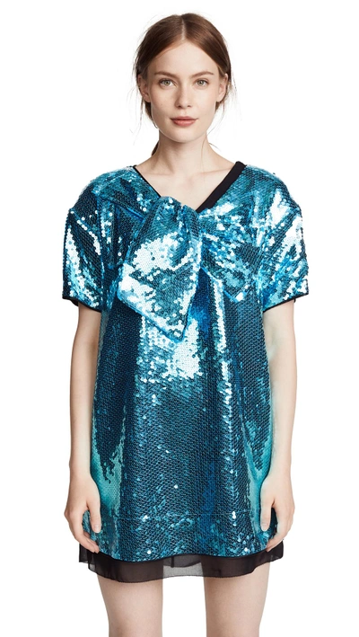 Shop Marc Jacobs Short Sleeve Dress With Front Bow In Bright Blue