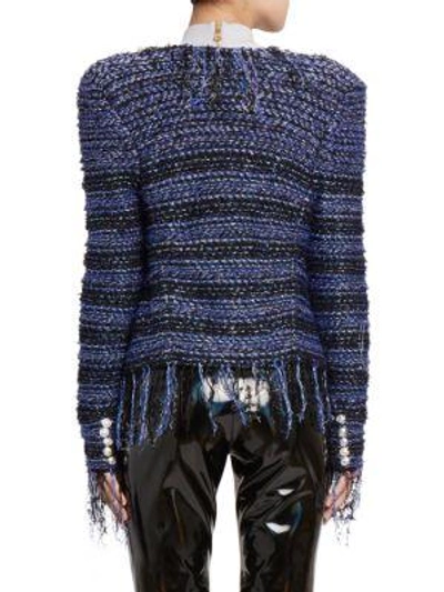 Shop Balmain Fringe Tweed Cardigan In Blue Klein