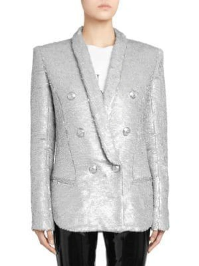 Shop Balmain Oversize Sequin Blazer In Silver