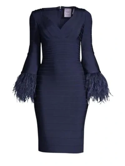 Shop Herve Leger Feather-trim Bandage Dress In Classic Blue