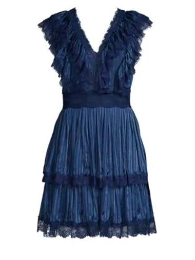 Shop Alice And Olivia Lanora Tier Pleated Mini Dress In Mini Stripe Sapphire
