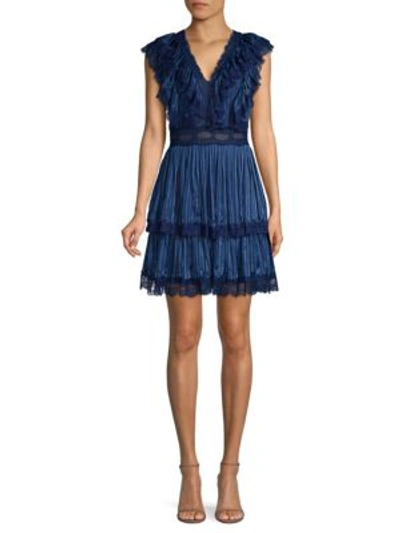 Shop Alice And Olivia Lanora Tier Pleated Mini Dress In Mini Stripe Sapphire