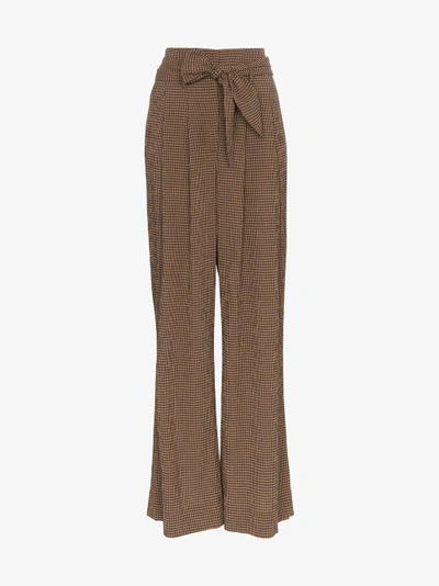 Shop Nanushka Nevada Gingham Wool Blend Wide-leg Trousers In Brown