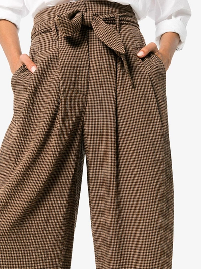 Shop Nanushka Nevada Gingham Wool Blend Wide-leg Trousers In Brown