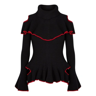 Shop Alexander Mcqueen Black Cut-out Wool-blend Jumper In Black And Red