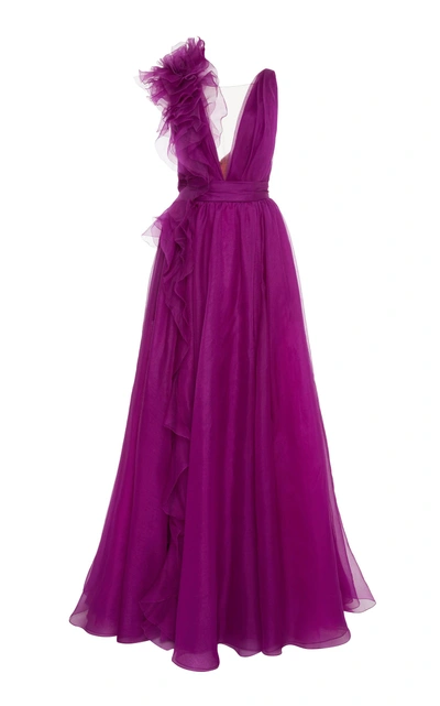 Shop Marchesa Ruffle Gown In Purple