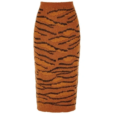 Shop Stella Mccartney Tiger-intarsia Wool-blend Midi Skirt In Orange