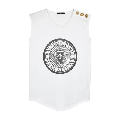 Shop Balmain Glittered Logo-print Cotton Tank In White