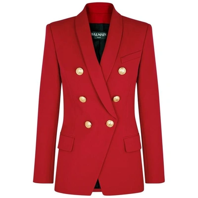 Shop Balmain Red Double-breasted Wool Blazer