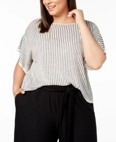 Shop Eileen Fisher Plus Size Organic Linen Striped Short-sleeve Sweater In Bone/black