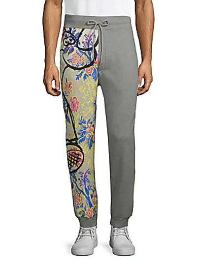Shop Moschino Graphic Leg Heathered Cotton Pants In Grey