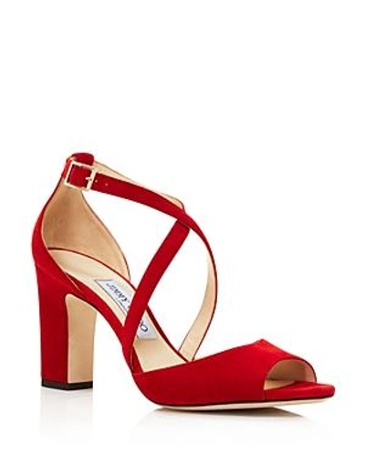 Shop Jimmy Choo Women's Carrie 85 Suede Crisscross High-heel Sandals In Red
