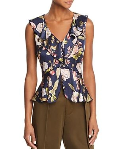 Shop Alice And Olivia Alice + Olivia Nora Floral Peplum Silk Top In Hazy Floral Sapphire