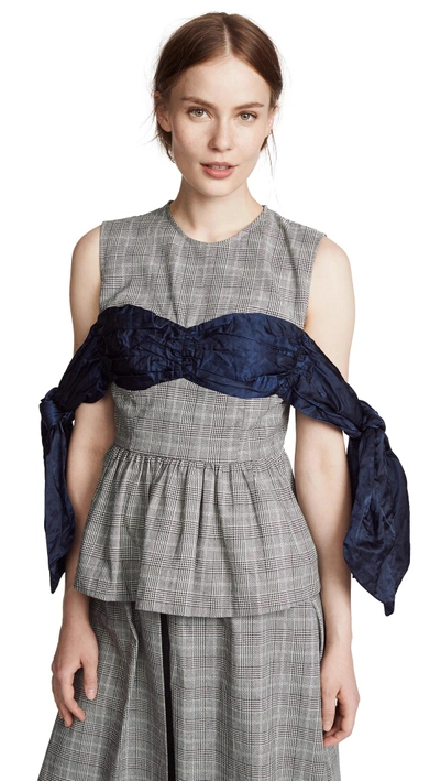 Shop Edit Bow Off Shoulder Peplum Top In Pow Check With Navy