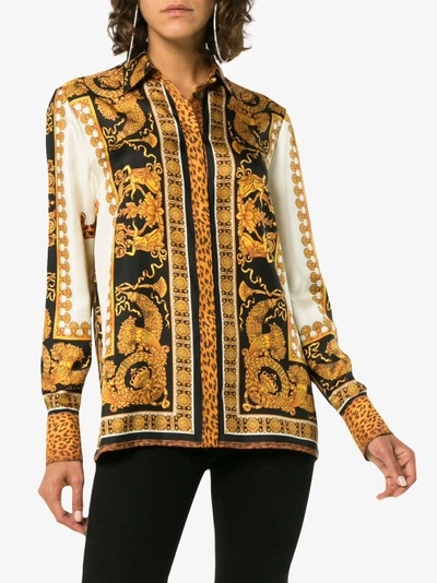 Shop Versace Black Gold Silk Print Shirt In Yellow&orange